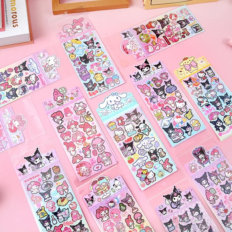 20Sheets Sanrio Sticker Cartoon Hello Kitty Cinnamoroll Kuromi My Melody Laser Sticker Decals Stationery Wholesale Kids Toys