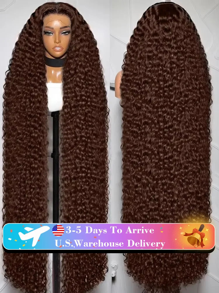 YKB Curly HD 220% 13x6 Chocolate Brown Deep Wave Human Hair Wigs Lace Front Water Wave Transparent Lace Frontal Wig 30 40 Inch