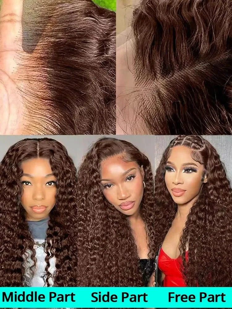 YKB Curly HD 220% 13x6 Chocolate Brown Deep Wave Human Hair Wigs Lace Front Water Wave Transparent Lace Frontal Wig 30 40 Inch