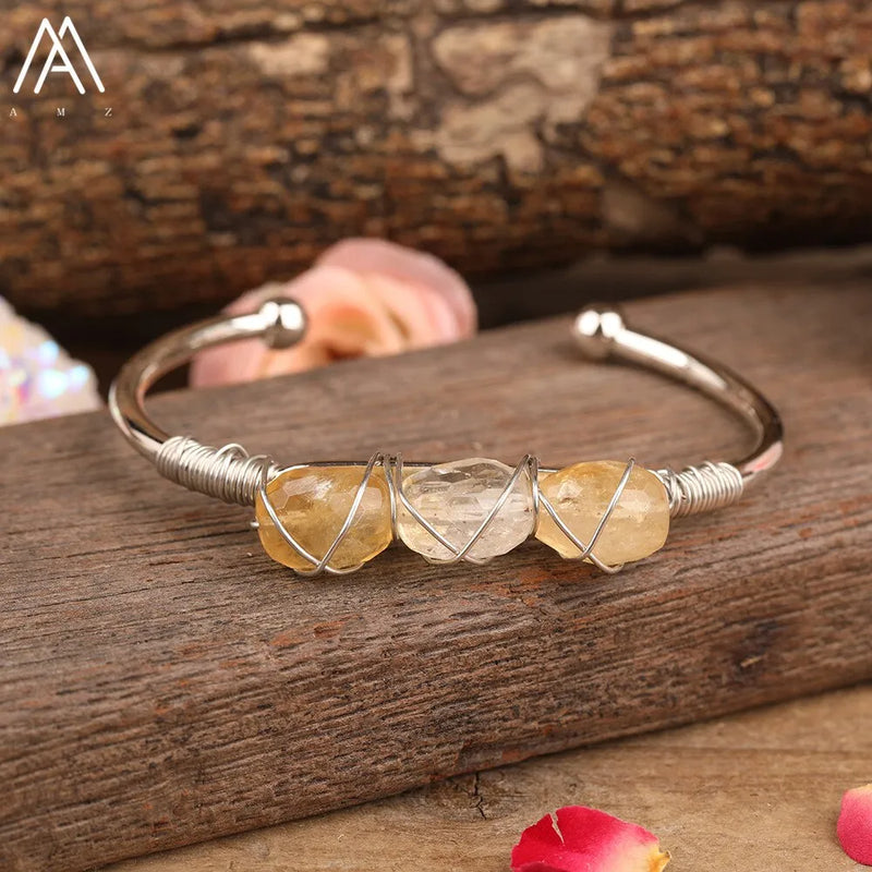 Natural Quartz Stone Beads Gold Bracelets Women Citrines Roses Quartz Chip Beads Open Cuff Bangles Bracelets Friendship Jewelry