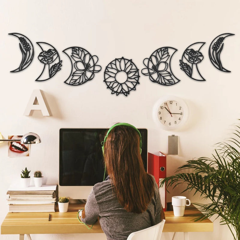 7 Pieces Moon Phase Boho Hanging Nordic Wood Wall Decor Art for Living Room Bedroom Home Decoration