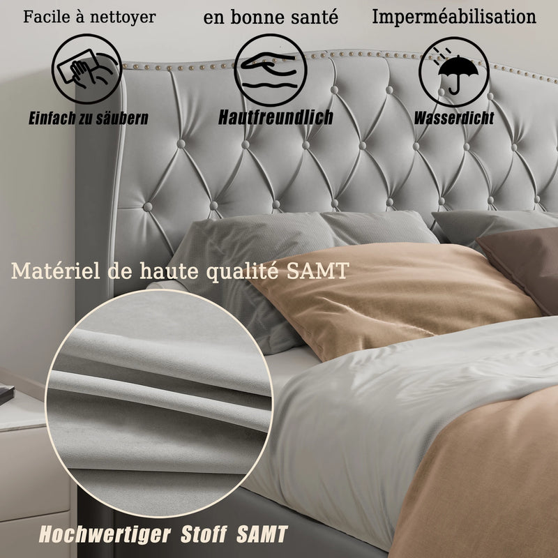 Upholstered storage bed 140x200cm, Double bed with slatted base, Headboard with decorative buttons and rivet, velvet fabric