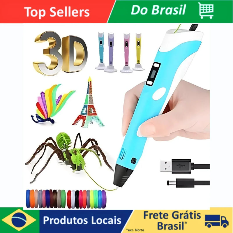 Caneta 3D Impressora Manual Infantil e Adulto Com Filamentos DIY Filamento Plastico ou ABS Tela LCD Desenho 3D Seguro Para Crian