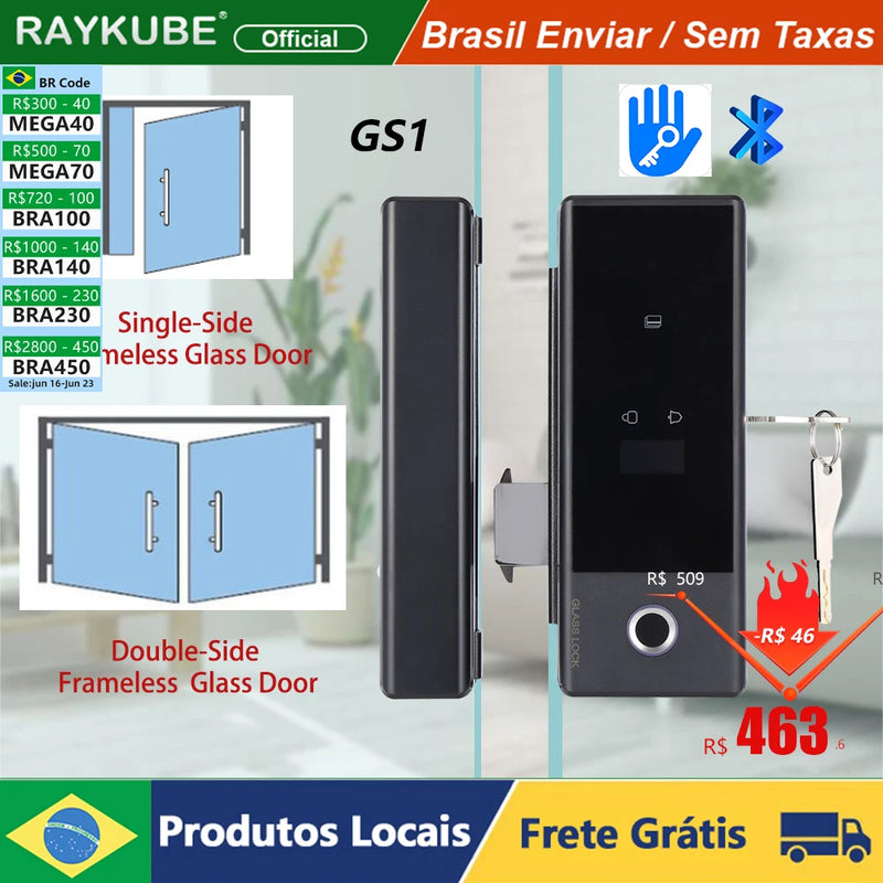 RAYKUBE GS1 TT Lock Smart Glass Lock Fingerprint Digital Door Lock Drill Free  For Glass Door Free Tax Delivery From Brazil