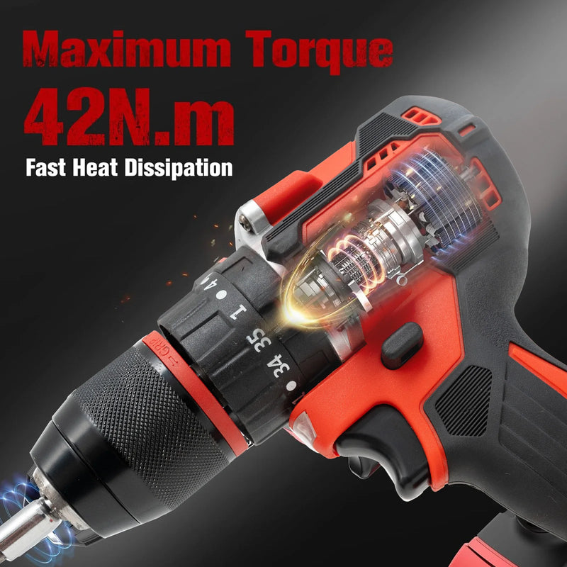 Drill/Cordless Screwdriver with 2 batteries 21 V, drill 42 Nm couple, 25 + 1 couple levels, LED light, 2 speeds