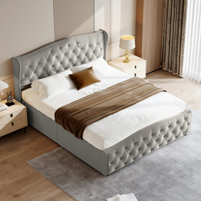 Upholstered storage bed 140x200cm, Double bed with slatted base, Headboard with decorative buttons and rivet, velvet fabric