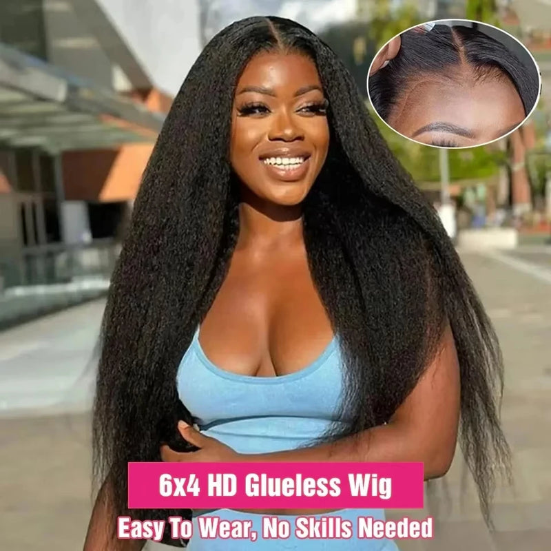 220% Brazilian Yaki Kinky Straight Human Hair Wigs Pre Cut Glueless Wig Human Hair Ready To Wear And Go Preplucked For Women