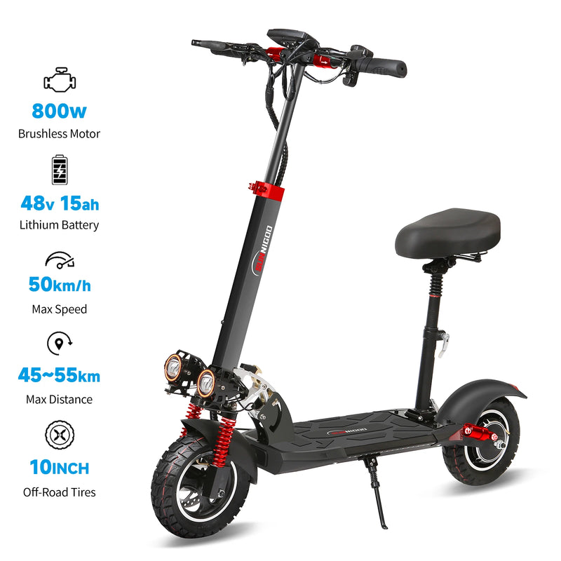 Electric Scooter With Seat 800W Max Speed 45-50km/h Range 35-55km 10inch Off-Road Tires Dual Shock Absorbing Folding EScooter
