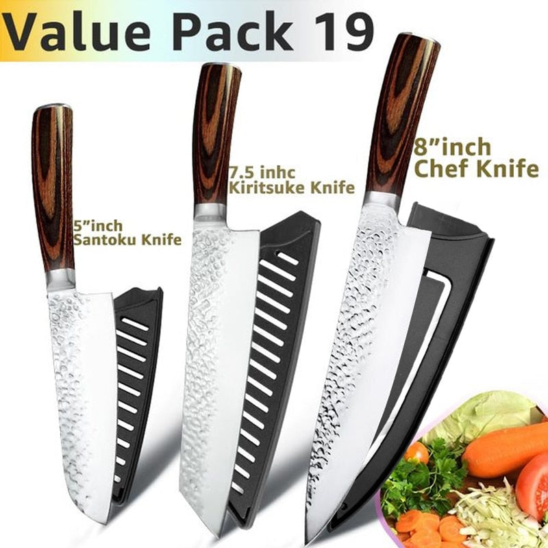 Kitchen Knife Japanese Chef Knives Set 7CR17 High Carbon Stainless Steel Full Tang Hammer Pattern Meat Cleaver Utility Santoku K