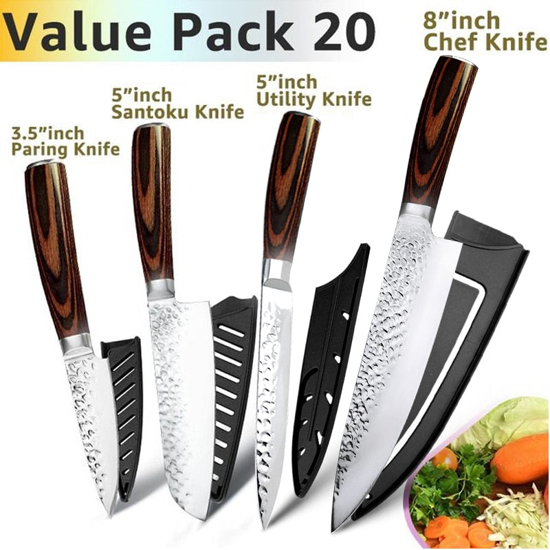 Kitchen Knife Japanese Chef Knives Set 7CR17 High Carbon Stainless Steel Full Tang Hammer Pattern Meat Cleaver Utility Santoku K