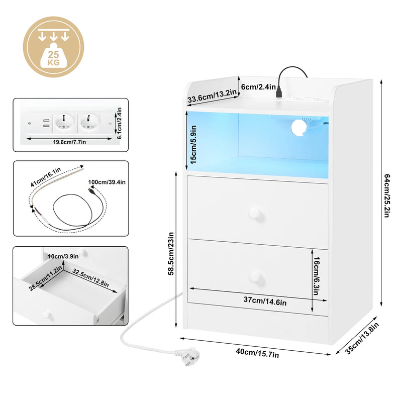 WOLTU Bedside Table with Charging Station USB Sockets Ports Side Table with LED Light Overbed Table Wooden Bedroom Furniture