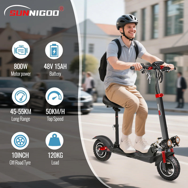 Electric Scooter With Seat 800W Max Speed 45-50km/h Range 35-55km 10inch Off-Road Tires Dual Shock Absorbing Folding EScooter