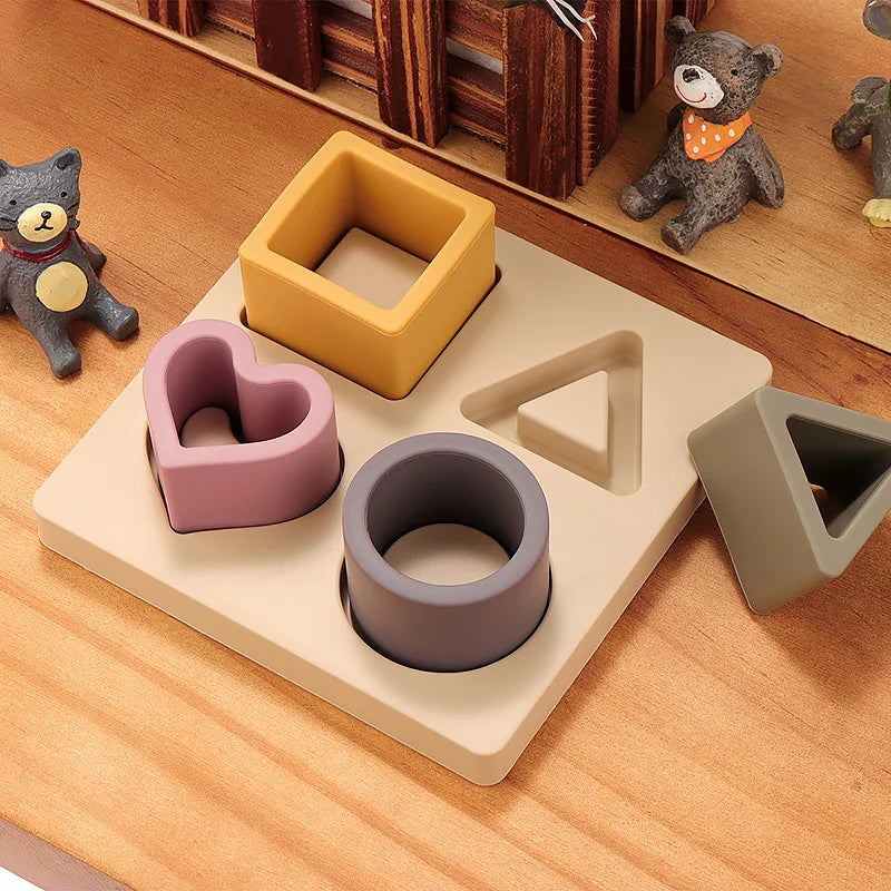 Cute Silicone Building Block Wooden Geometric Nature Teether Silicone Soft Block Folding Educational Memory Stacking toy Gifts