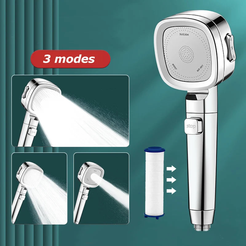 High Pressure Shower Head Water Saving 3 Modes Shower Heads Adjustable One-Key Stop Water Massage Sprayer Bathroom Accessories