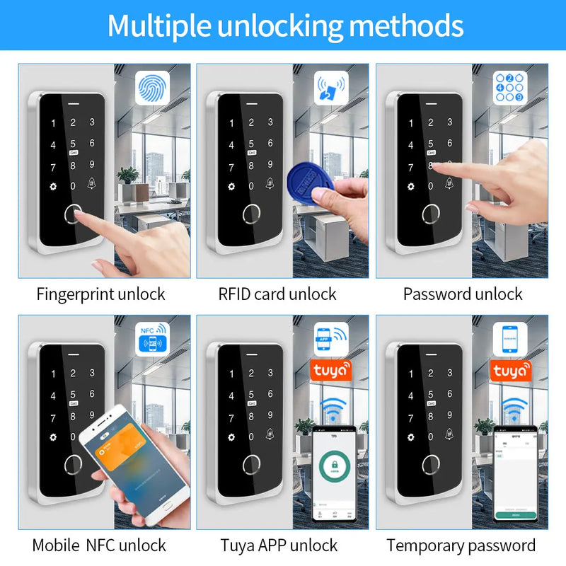 NFC Tuya Bluetooth Backlit Touch Access Control Keypad IP65 Waterproof RFID 13.56MHz Keyboard Biometric Fingerprint Door Opener