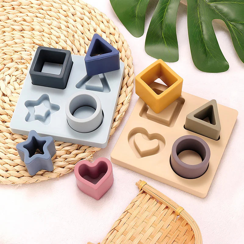 Cute Silicone Building Block Wooden Geometric Nature Teether Silicone Soft Block Folding Educational Memory Stacking toy Gifts