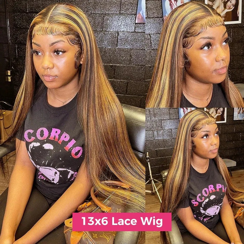 MELODIE 32 Inch Highlight 13x6 HD Lace Frontal Wig Straight Human Hair Wigs 4/27 Ombre Colored Brazilian 200 Density For Women