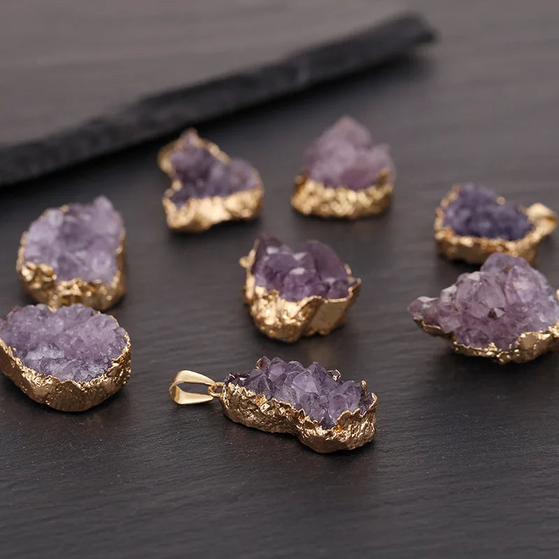 New Fashion BOHO Natural Amethyst Cluster Irregular Pendant Golden Edged Free Wax String Chain Reiki Gemstone Jewelry