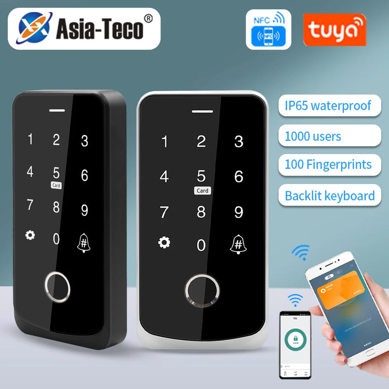 NFC Tuya Bluetooth Backlit Touch Access Control Keypad IP65 Waterproof RFID 13.56MHz Keyboard Biometric Fingerprint Door Opener