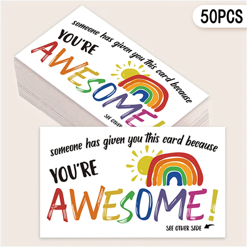 50 pcs, ‘You're Awesome’ Rainbow Encouragement Cards, Motivational Cards, Thank You Cards for Students, Teachers, and Staff