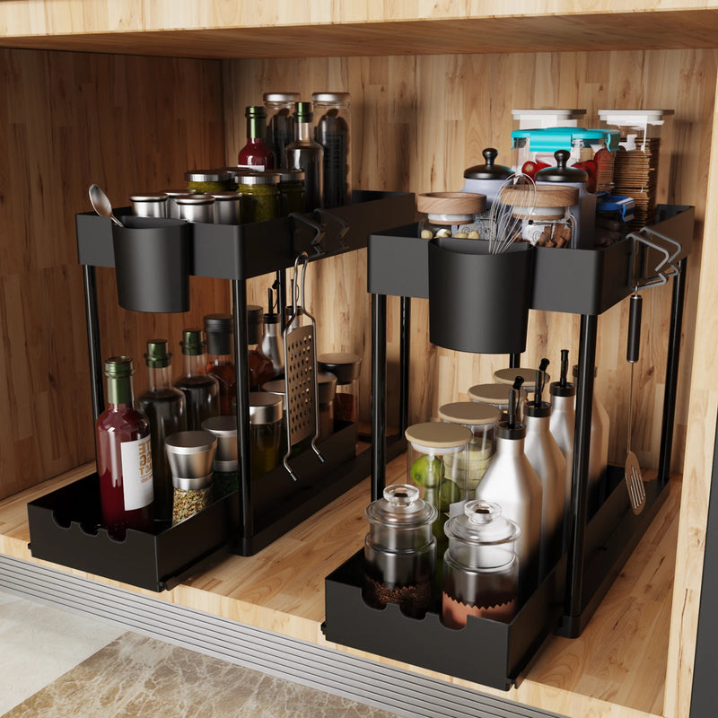 2Pcs 2-Tier Sliding Cabinet Organizer, Pull-Out Under Sink Rack, Double-Layer Storage Shelf for Kitchen & Bathroom