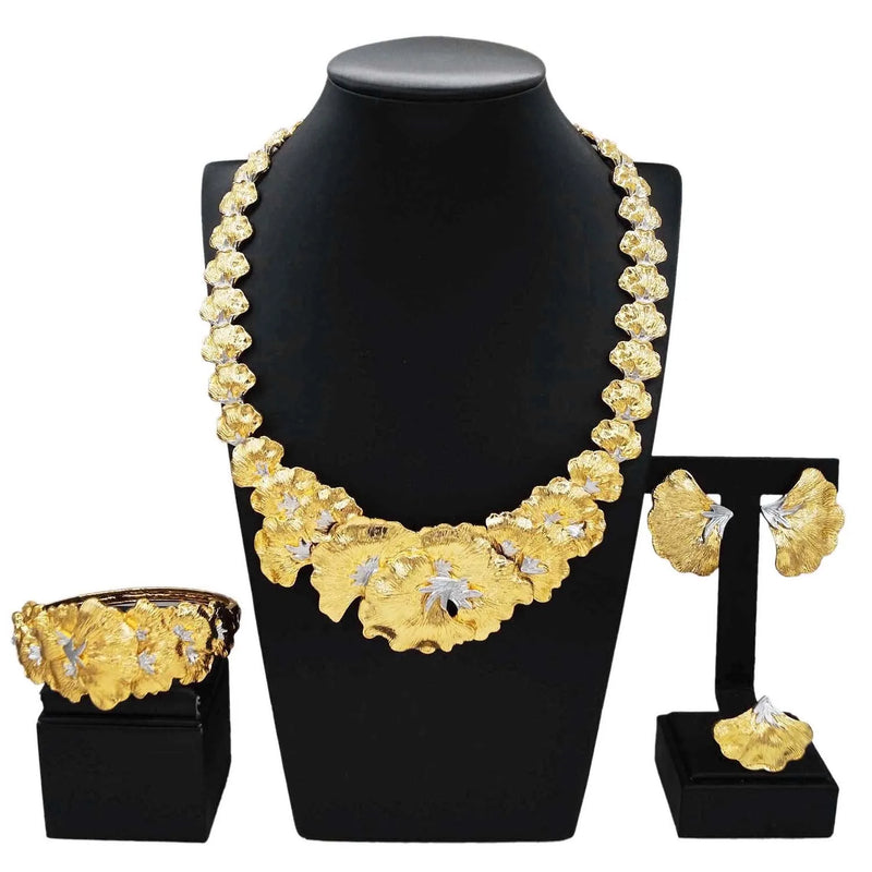 Gold Plated Woman Jewelry Set Luxurious Flower Necklace Earrings Elegant Woman Dinner and Wedding Bijoux SYHOL