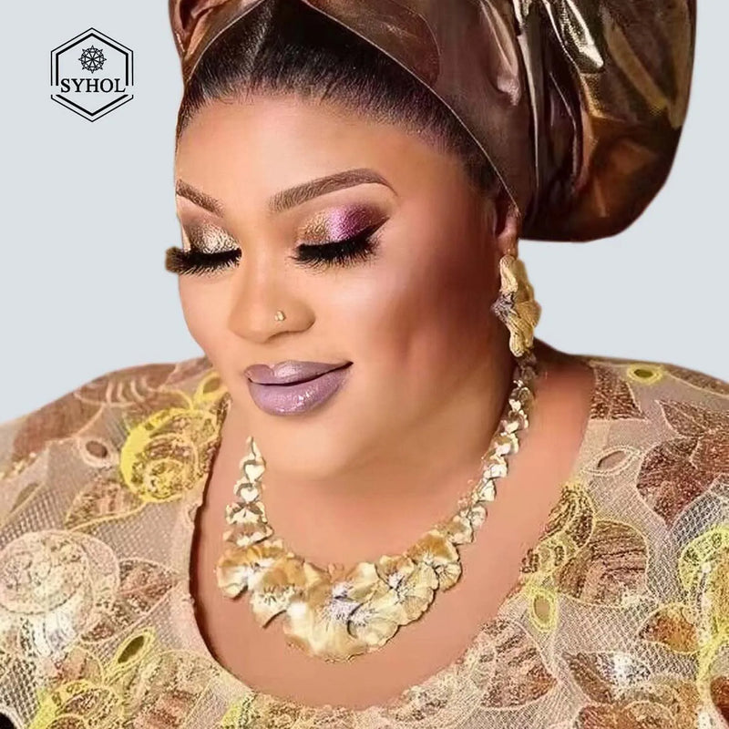 Gold Plated Woman Jewelry Set Luxurious Flower Necklace Earrings Elegant Woman Dinner and Wedding Bijoux SYHOL