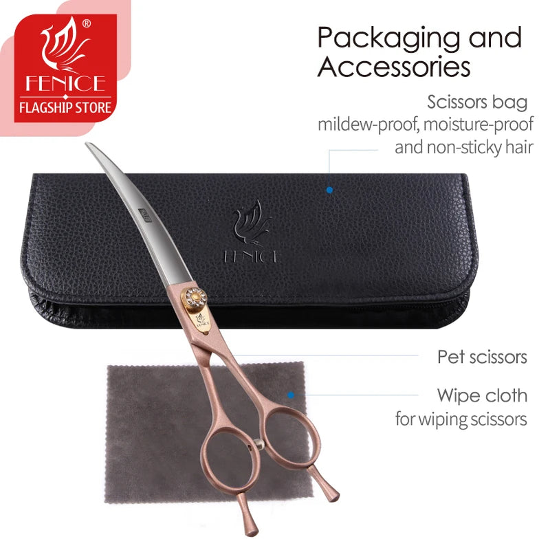 Fenice Professional 7 inch 7.5 inch 8 inch rose gold pet dog small animal grooming hair cut curved scissors