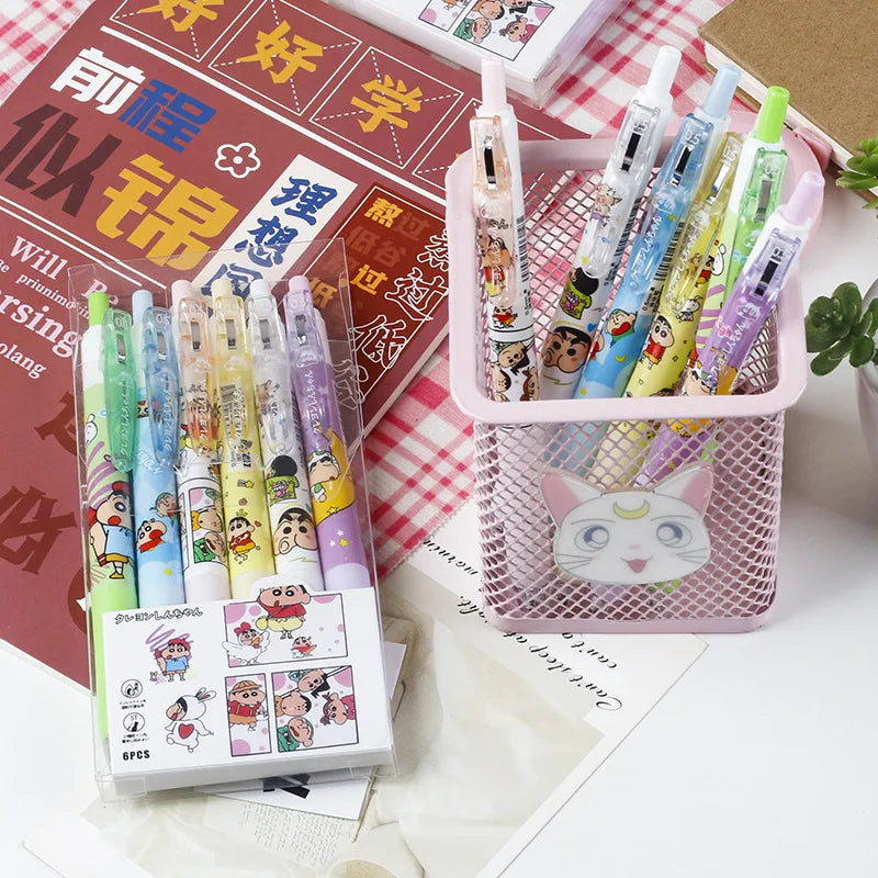 Crayon Shin-chan Black Gel Pen 6Pcs Cartoon Student Stationery Cute Math Pen, School Office Supplies