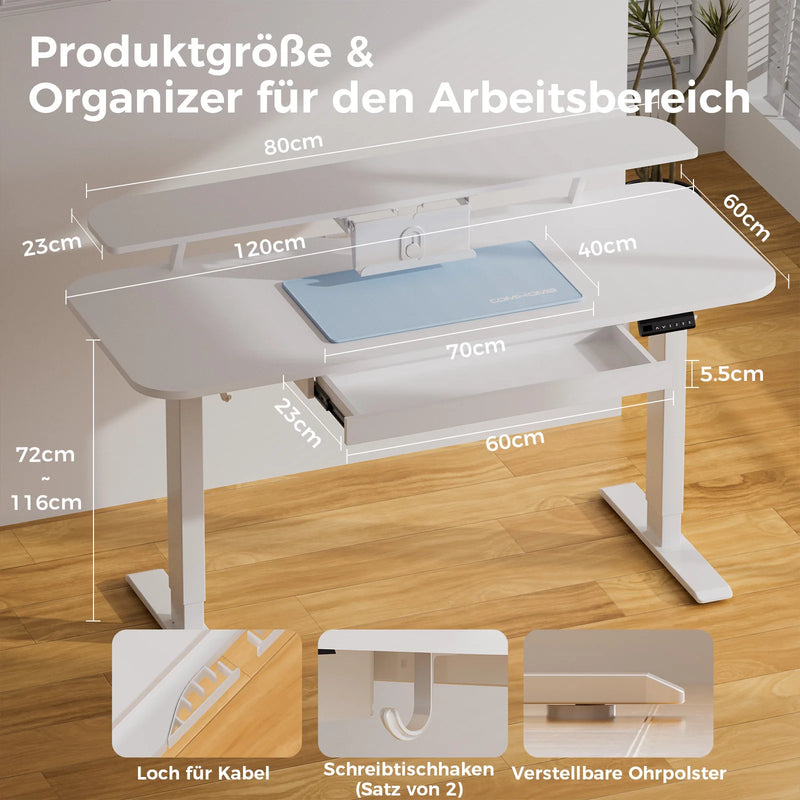 COMHOMA Height Adjustable desk Electric Drawer Monitor stand 3 Height Tablet stand White