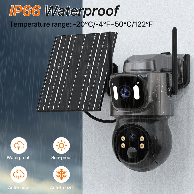 Outdoor 4K HD Built-in Battery Dual Lens Solar WiFi Camera Security Camera Solar Panel Wireless Cam PIR Alarm iCsee