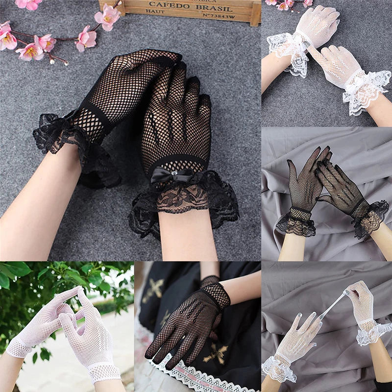 Women Vintage Sheer Short Lace Gloves Bride Wedding Gloves Derby Tea Party Wrist Length Floral Gloves for Dinner Fancy Costume A