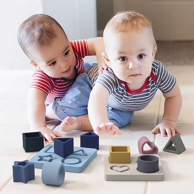 Cute Silicone Building Block Wooden Geometric Nature Teether Silicone Soft Block Folding Educational Memory Stacking toy Gifts