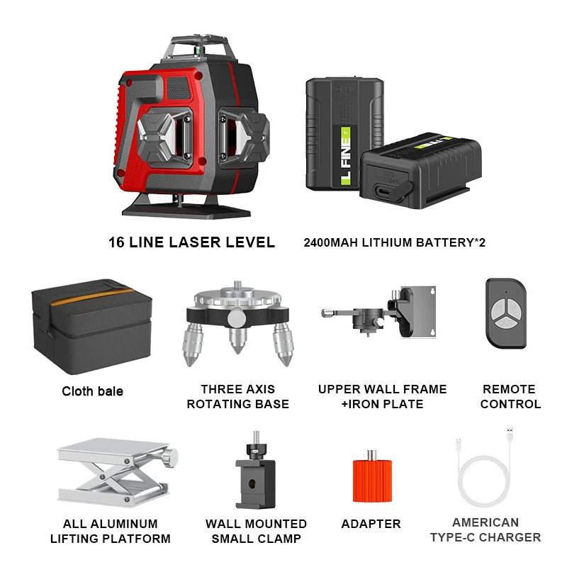 Professional 16 Lines 4D Laser Level Automatic 3 ° Line-holding pole Wall 360 Horizontal And Vertical Super power Green Beam