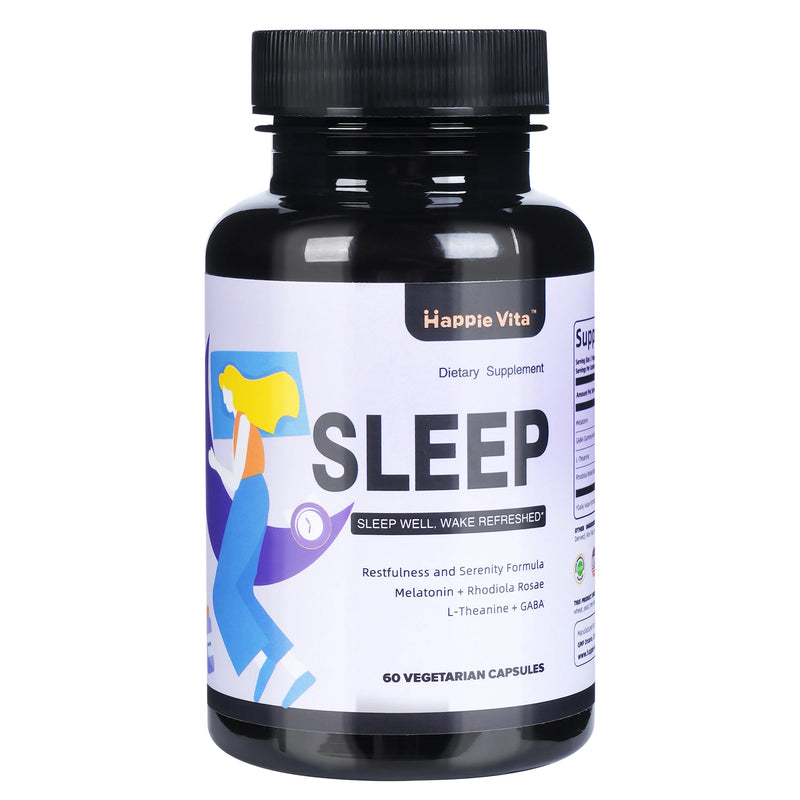 HappieVita 4 in 1 Sleep Aid for Adults, Melatonin, Rhodiola Rosea, GABA and L-Theanine Relaxation and Sleep Supplement, 60 Capsu