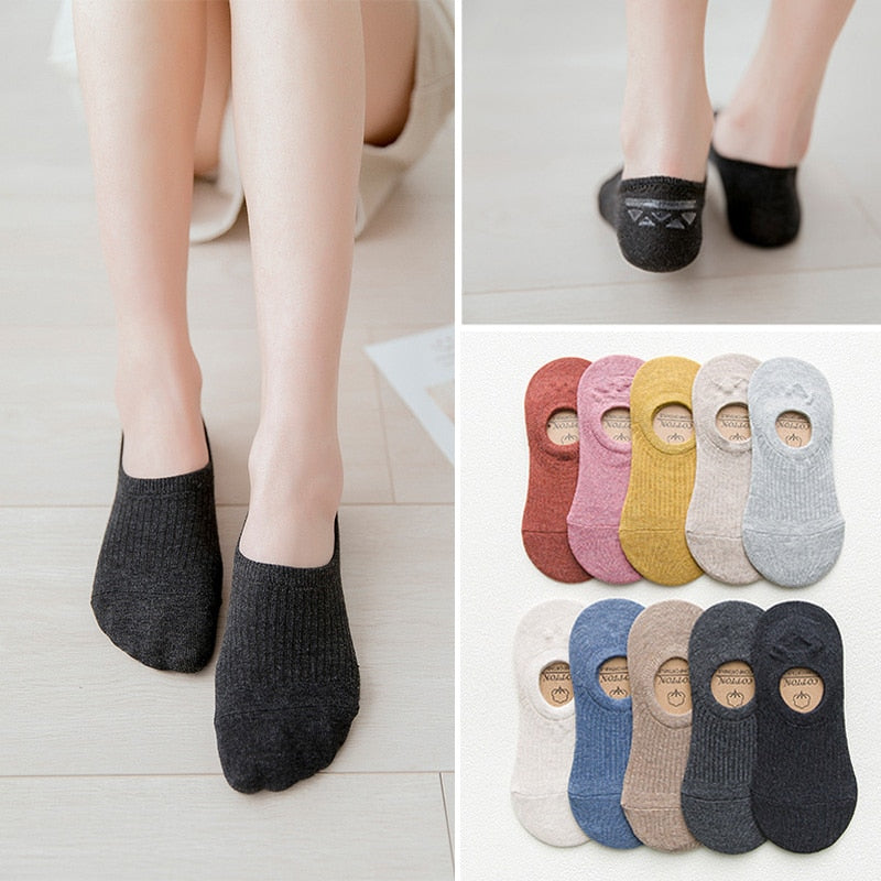 5 Pairs Women Cotton Invisible No show Socks Non-slip Summer Candy Solid Low cut Sock Slipper Fashion Thin Ankle Boat Socks