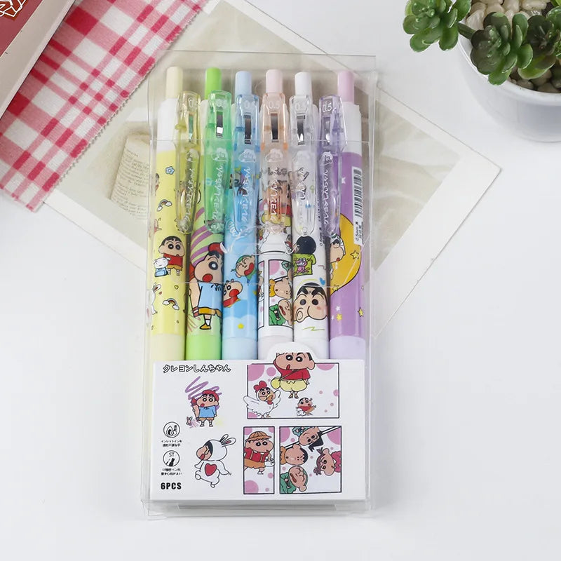 Crayon Shin-chan Black Gel Pen 6Pcs Cartoon Student Stationery Cute Math Pen, School Office Supplies