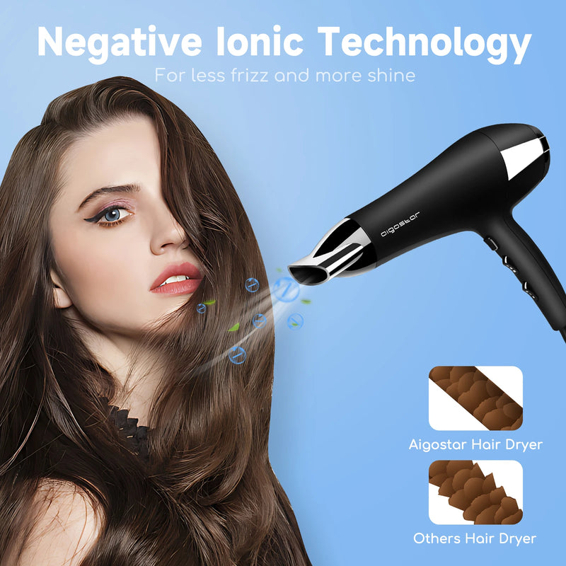 AIGOSTAR professional hair dryer ion, 2 speeds and 3 temperature settings, including diffuser and air concentrator nozzle, overheating protection.2400w