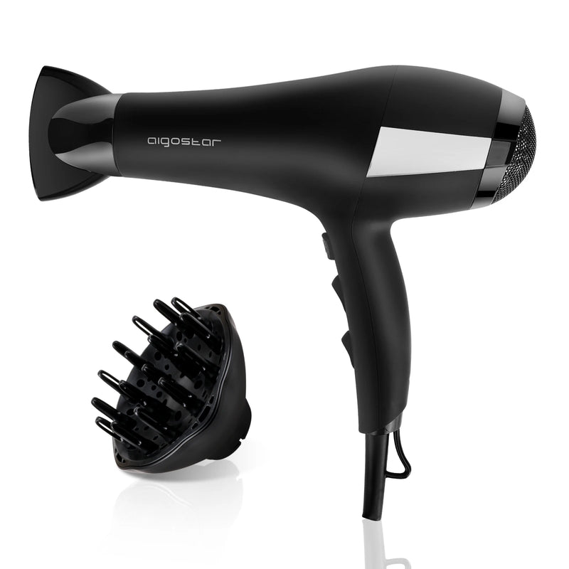 AIGOSTAR professional hair dryer ion, 2 speeds and 3 temperature settings, including diffuser and air concentrator nozzle, overheating protection.2400w