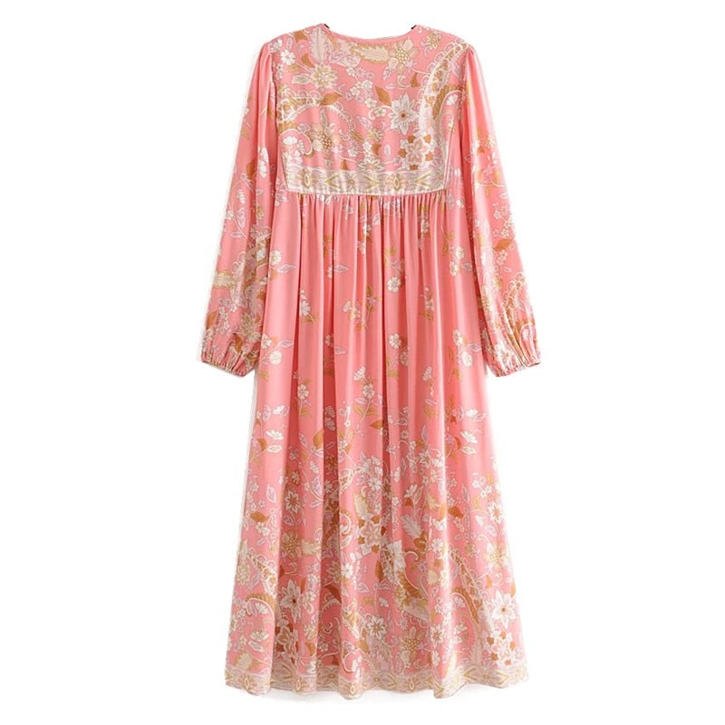 BOHO Lacing up V neck Location Pteris flower Print Long Dress Pink Ethnic WomanTassel Strappy Long Sleeve Holiday Dresses Beach