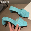 Eilyken Fashion Elegant Slippers Womens High Quality Solid Cozy PU Leather Square Toe Sandals Femme Low Heel Party Dress Shoes