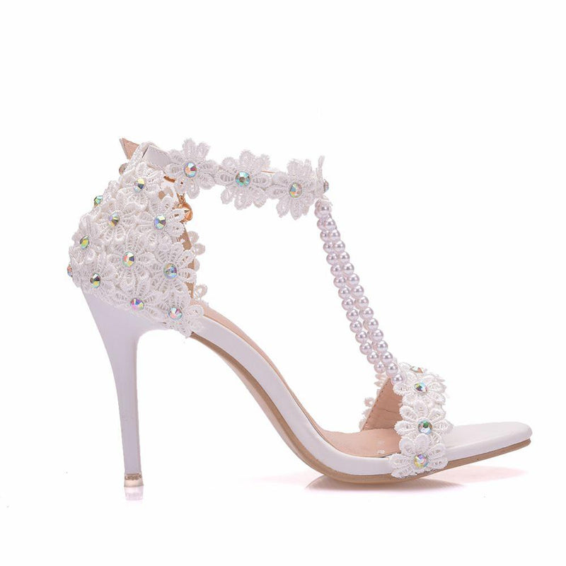 Crystal Queen Women Sandals White Lace Flowers Pearl Tassel 9CM Fine High Heels Slender Bridal Pumps Wedding Shoes