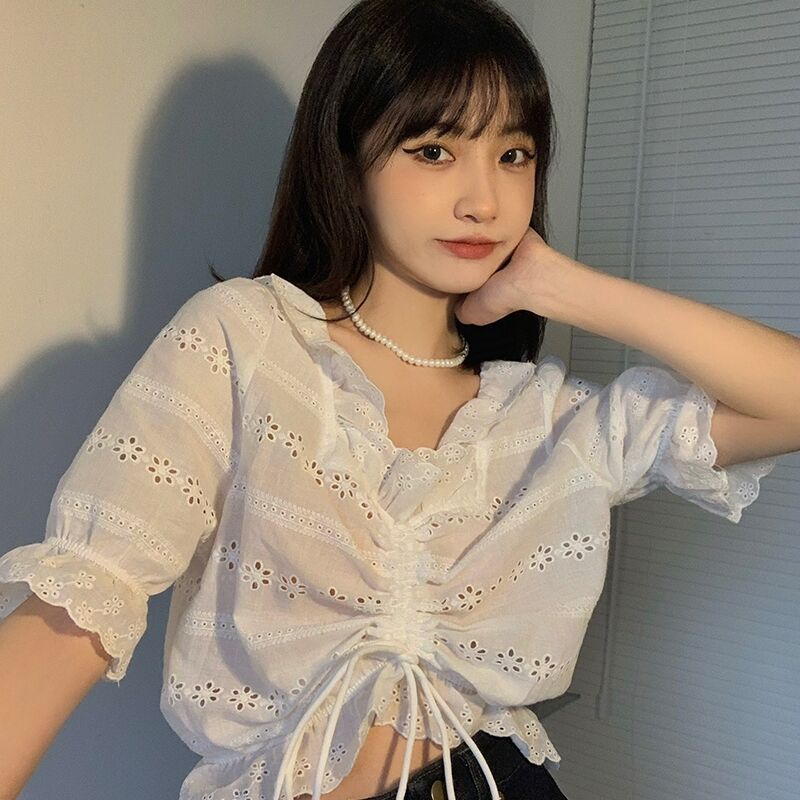 Pearl Diary Women White Cotton Broidery Crop Top Square Neck Scallop Lace Trim Sweet Top Ruched Front Drawstring Puff Sleeve Top