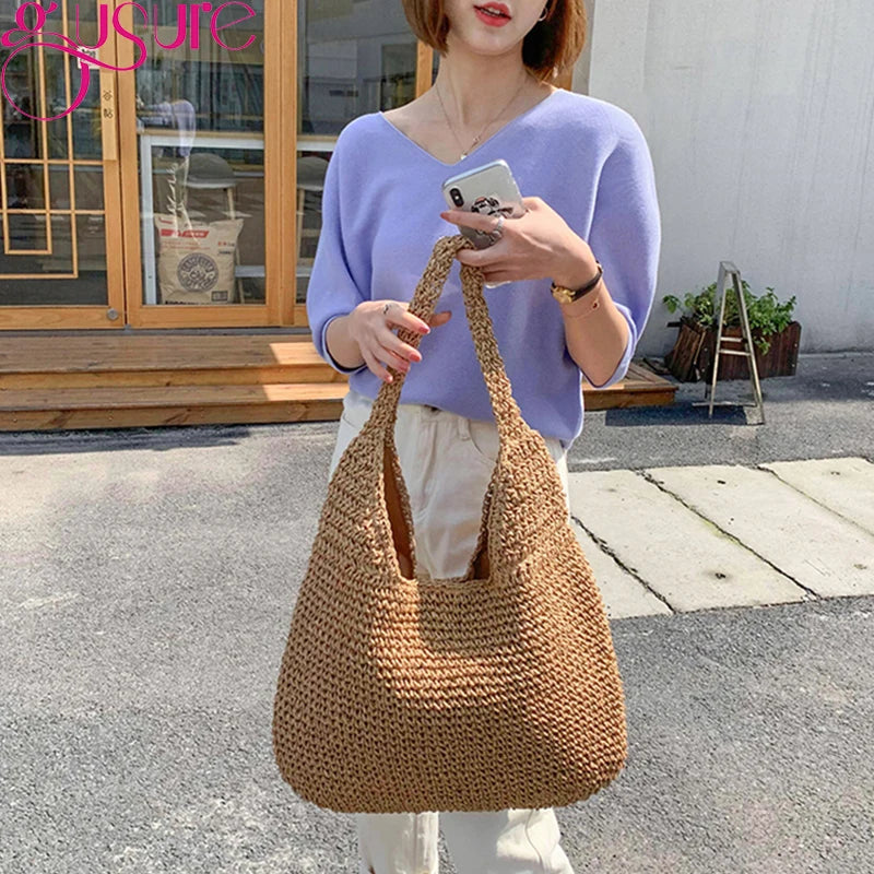 Gusure Casual Straw Women Shoulder Bags Wicker Woven Ladies Handbags Handmade Summer Beach Large Totes Bag Bohemia