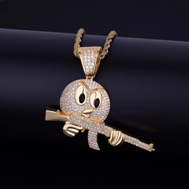 Cartoon Round Face With Gun Necklace &amp; Pendant Gold Color Cubic Zircon Men&