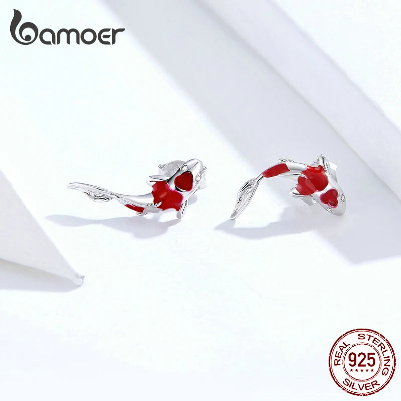 BAMOER Fish Red Enamel Stud Earrings for Women 925 Sterling Silver Spring Koi Ear Studs Festival Silver Fashion Jewelry SCE812