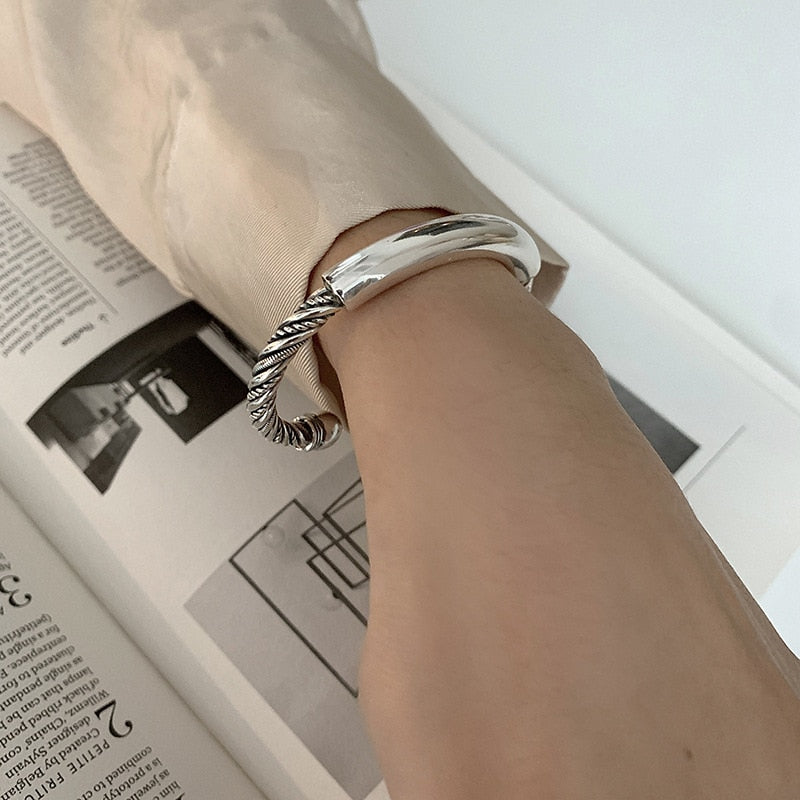 XIYANIKESilver Color Twist Smooth Solid Bracelet Women Simple Opening Retro Folkways Fashion Jewelry Accessories Gift