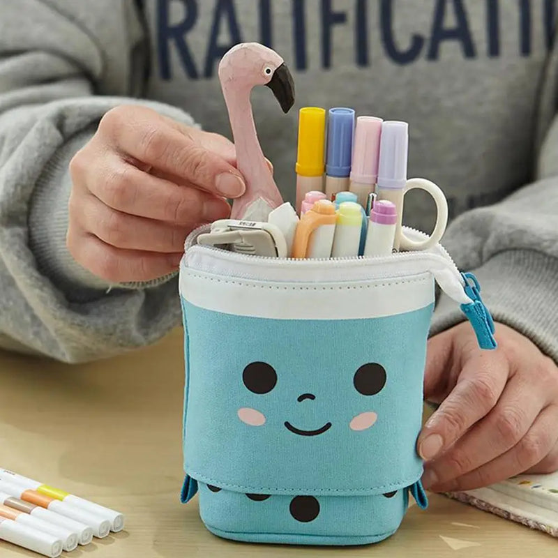 1 Set Cute Boba Milk Tea Telescopic Pen Bag Pencil Holder Stationery Case Stand Up Pencil Case Stationery Pouch Box For Students