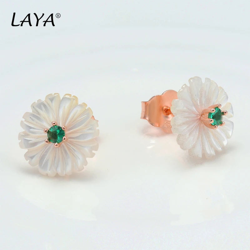 LAYA Real 925 Sterling Silver Fashion Natural Shell Flower High Quality Zircon Earrings Of Women Wedding Simple Fine Jewelry