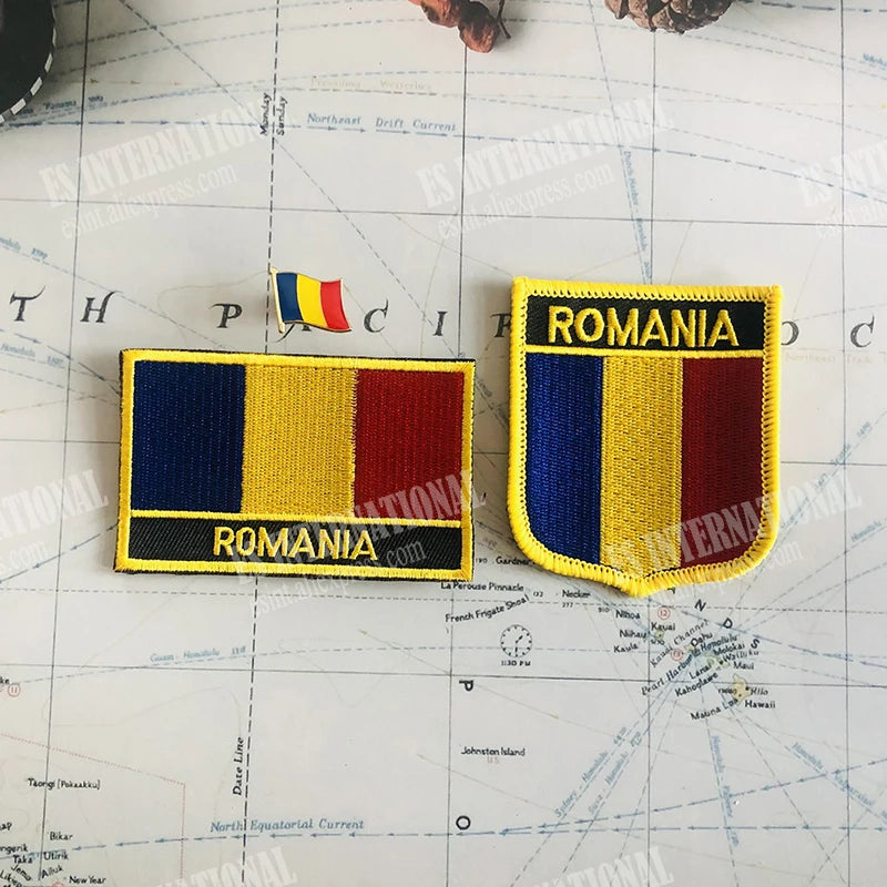 ROMANIA National Flag Embroidery Patches Badge Shield And Square Shape Pin One Set On The Cloth Armband   Backpack  Decoration